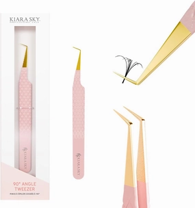 KIARA SKY LASH Tweezer for Eyelash Extensions | Precision Fiber Tip Grip | Volume, Mega Volume, and Lash Removal Fills | Comfortable Ergonomic Design | Pink and Gold, 90° ANGLE TWEEZER