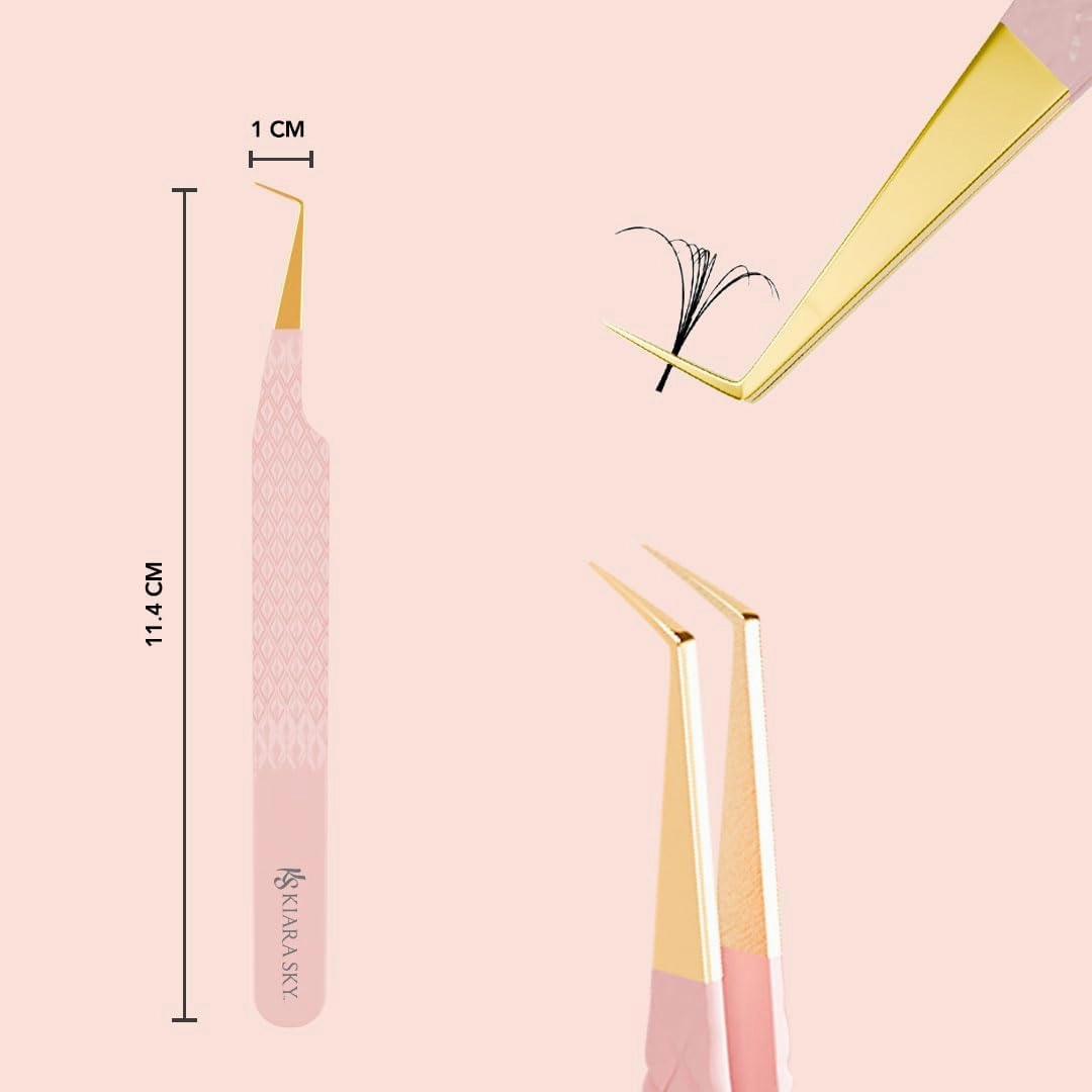 KIARA SKY LASH Tweezer for Eyelash Extensions | Precision Fiber Tip Grip | Volume, Mega Volume, and Lash Removal Fills | Comfortable Ergonomic Design | Pink and Gold, 90° ANGLE TWEEZER