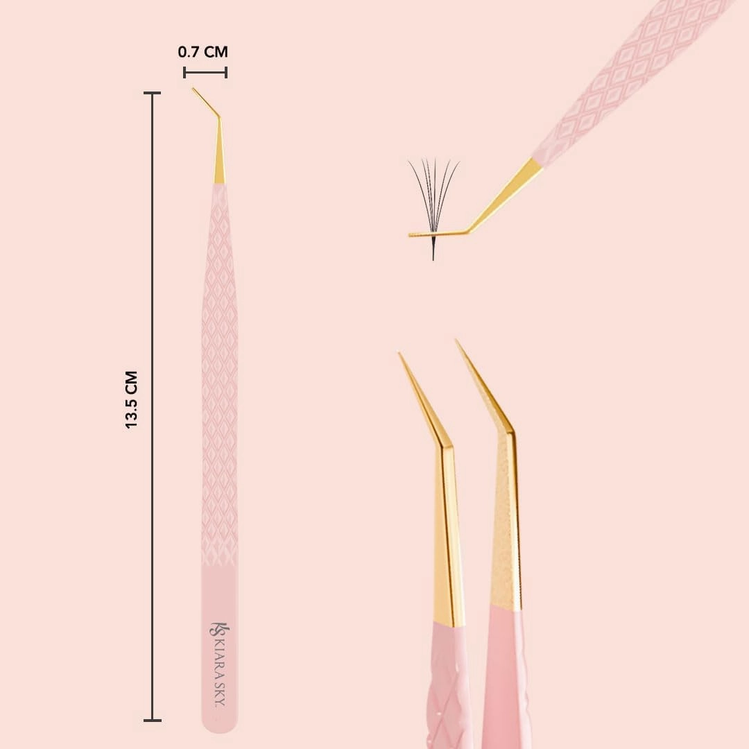 KIARA SKY LASH Tweezer for Eyelash Extensions | Precision Fiber Tip Grip | Volume, Mega Volume, and Lash Removal Fills | Comfortable Ergonomic Design | Pink and Gold, LONG 45° ANGLE TWEEZER
