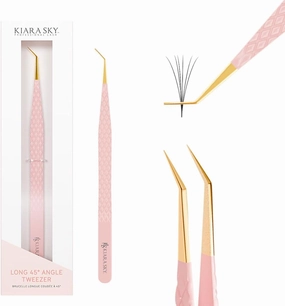 KIARA SKY LASH Tweezer for Eyelash Extensions | Precision Fiber Tip Grip | Volume, Mega Volume, and Lash Removal Fills | Comfortable Ergonomic Design | Pink and Gold, LONG 45° ANGLE TWEEZER