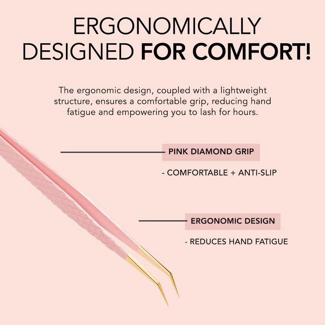 KIARA SKY LASH Tweezer for Eyelash Extensions | Precision Fiber Tip Grip | Volume, Mega Volume, and Lash Removal Fills | Comfortable Ergonomic Design | Pink and Gold, LONG 45° ANGLE TWEEZER