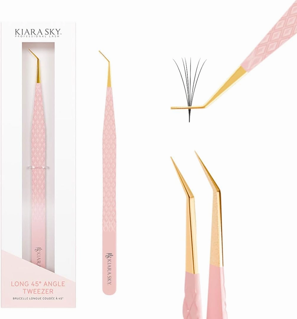 KIARA SKY LASH Tweezer for Eyelash Extensions | Precision Fiber Tip Grip | Volume, Mega Volume, and Lash Removal Fills | Comfortable Ergonomic Design | Pink and Gold, LONG 45° ANGLE TWEEZER
