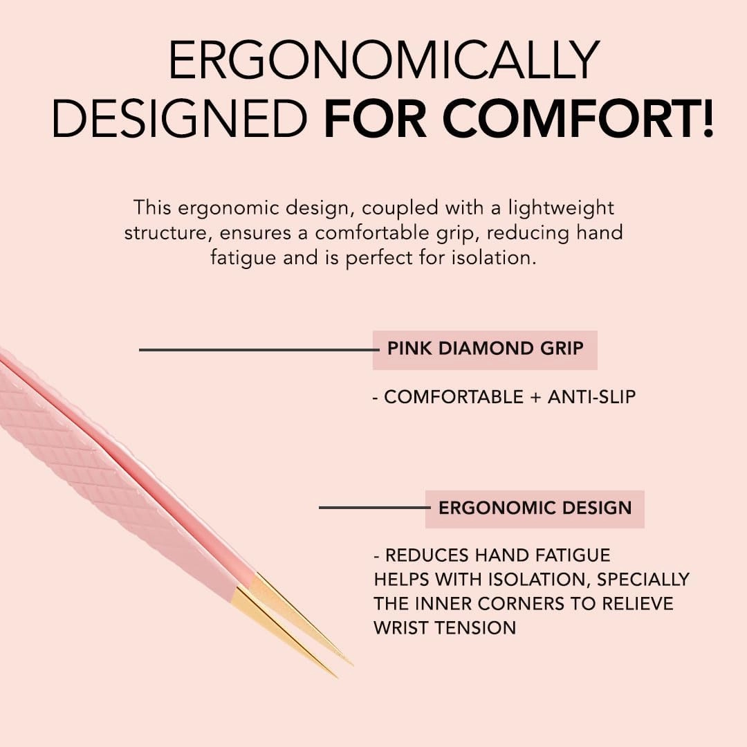 KIARA SKY LASH Tweezer for Eyelash Extensions | Precision Fiber Tip Grip | Volume, Mega Volume, and Lash Removal Fills | Comfortable Ergonomic Design | Pink and Gold, STRAIGHT TWEEZER