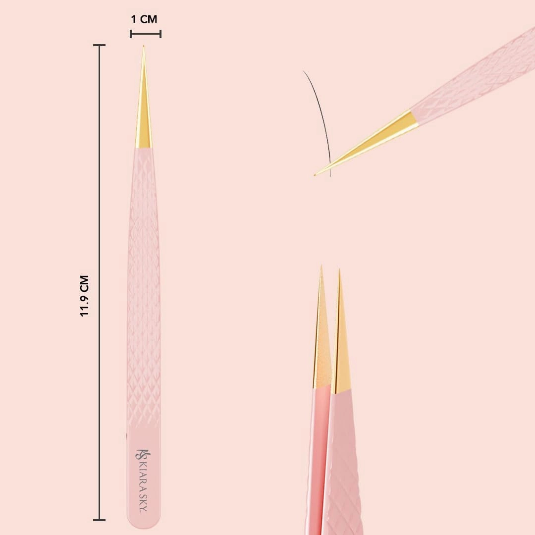 KIARA SKY LASH Tweezer for Eyelash Extensions | Precision Fiber Tip Grip | Volume, Mega Volume, and Lash Removal Fills | Comfortable Ergonomic Design | Pink and Gold, STRAIGHT TWEEZER