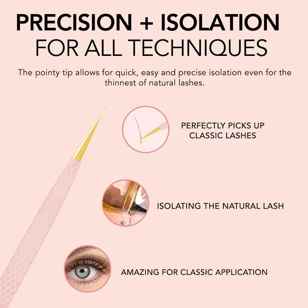 KIARA SKY LASH Tweezer for Eyelash Extensions | Precision Fiber Tip Grip | Volume, Mega Volume, and Lash Removal Fills | Comfortable Ergonomic Design | Pink and Gold, STRAIGHT TWEEZER