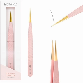 KIARA SKY LASH Tweezer for Eyelash Extensions | Precision Fiber Tip Grip | Volume, Mega Volume, and Lash Removal Fills | Comfortable Ergonomic Design | Pink and Gold, STRAIGHT TWEEZER