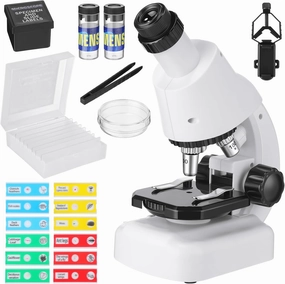 Kids Beginner Microscope Kit 100X-1200X Compound Microscopes with Built in LED Light and 28 Pieces Science Accessory Kit for Kids Ages 8-12 Experiments Birthday Gift, White