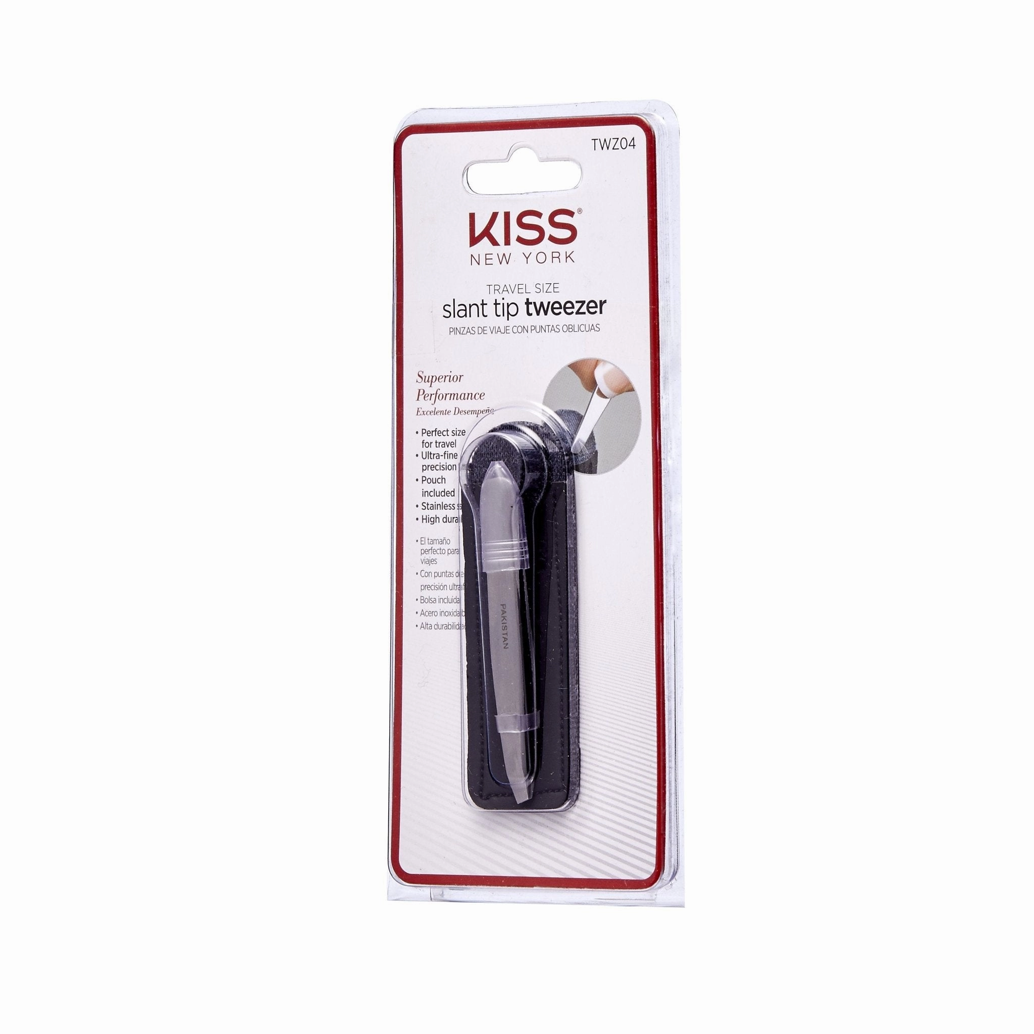 KISS NEW YORK Travel Size Slant Tip Tweezer with Pouch – Superior Performance On-the-Go Brow Tool