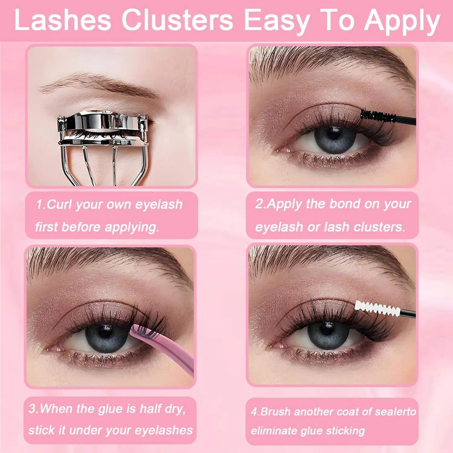 Lash Clusters Kit, 640 Pcs Eyelashes Clusters Extensions Kit 9-16mm Individual Lashes D Curl Flufffy Wispy False Eyelashes Thin Band, with Bond Seal Remover Tweezers Brush DIY (80D 100D Kit 9-16mm)