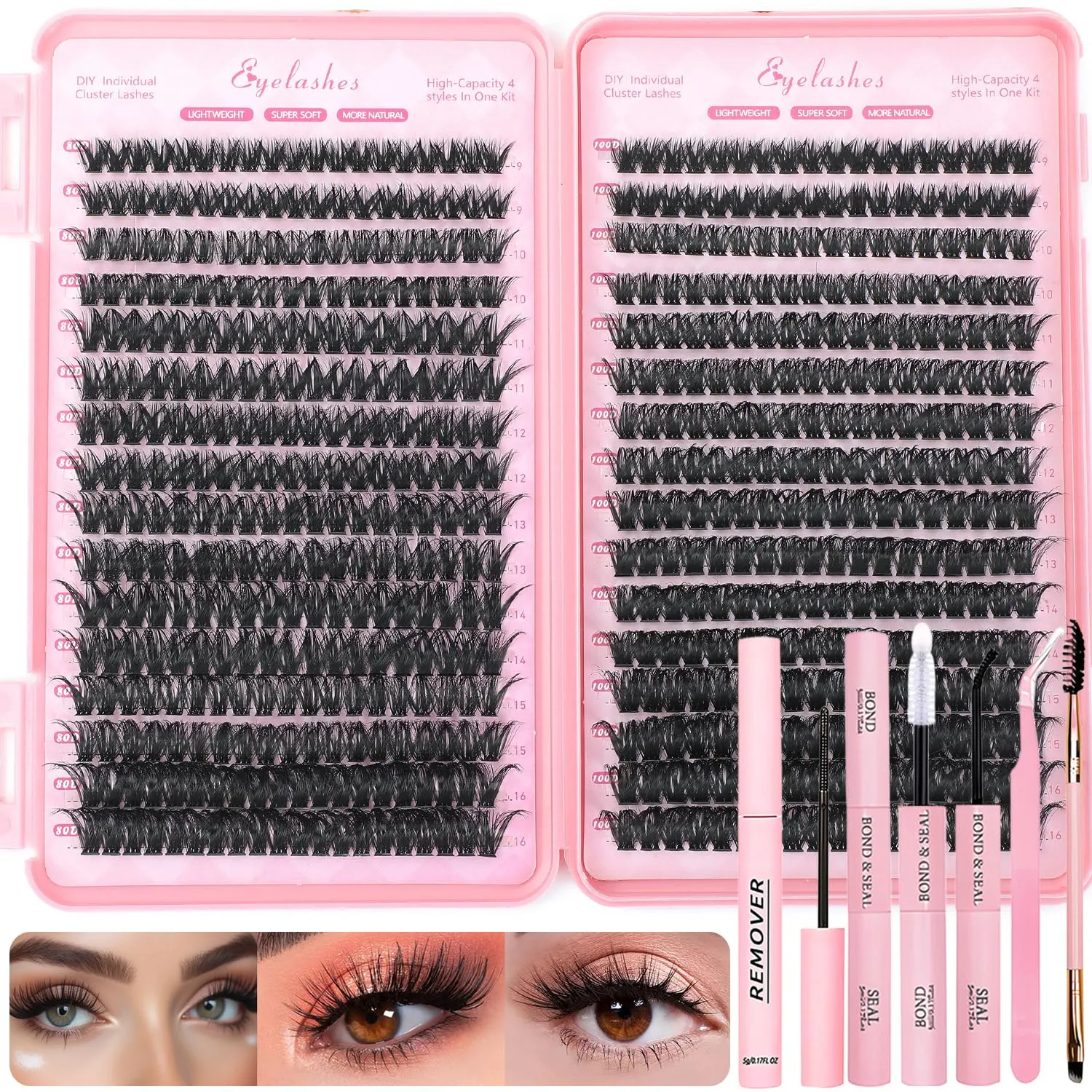 Lash Clusters Kit, 640 Pcs Eyelashes Clusters Extensions Kit 9-16mm Individual Lashes D Curl Flufffy Wispy False Eyelashes Thin Band, with Bond Seal Remover Tweezers Brush DIY (80D 100D Kit 9-16mm)