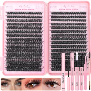 Lash Clusters Kit, 640 Pcs Eyelashes Clusters Extensions Kit 9-16mm Individual Lashes D Curl Flufffy Wispy False Eyelashes Thin Band, with Bond Seal Remover Tweezers Brush DIY (80D 100D Kit 9-16mm)