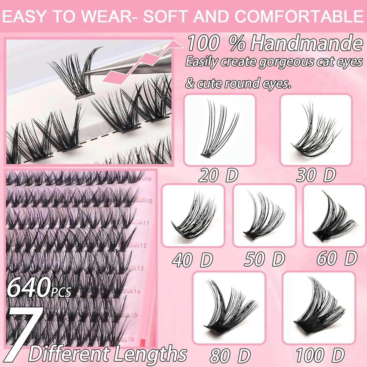 Lash Clusters Kit, 640 Pcs Eyelashes Clusters Extensions Kit 9-16mm Individual Lashes D Curl Flufffy Wispy False Eyelashes Thin Band, with Bond Seal Remover Tweezers Brush DIY (80D 100D Kit 9-16mm)