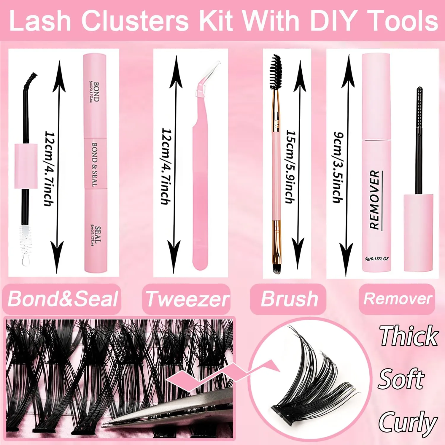 Lash Clusters Kit, 640 Pcs Eyelashes Clusters Extensions Kit 9-16mm Individual Lashes D Curl Flufffy Wispy False Eyelashes Thin Band, with Bond Seal Remover Tweezers Brush DIY (80D 100D Kit 9-16mm)