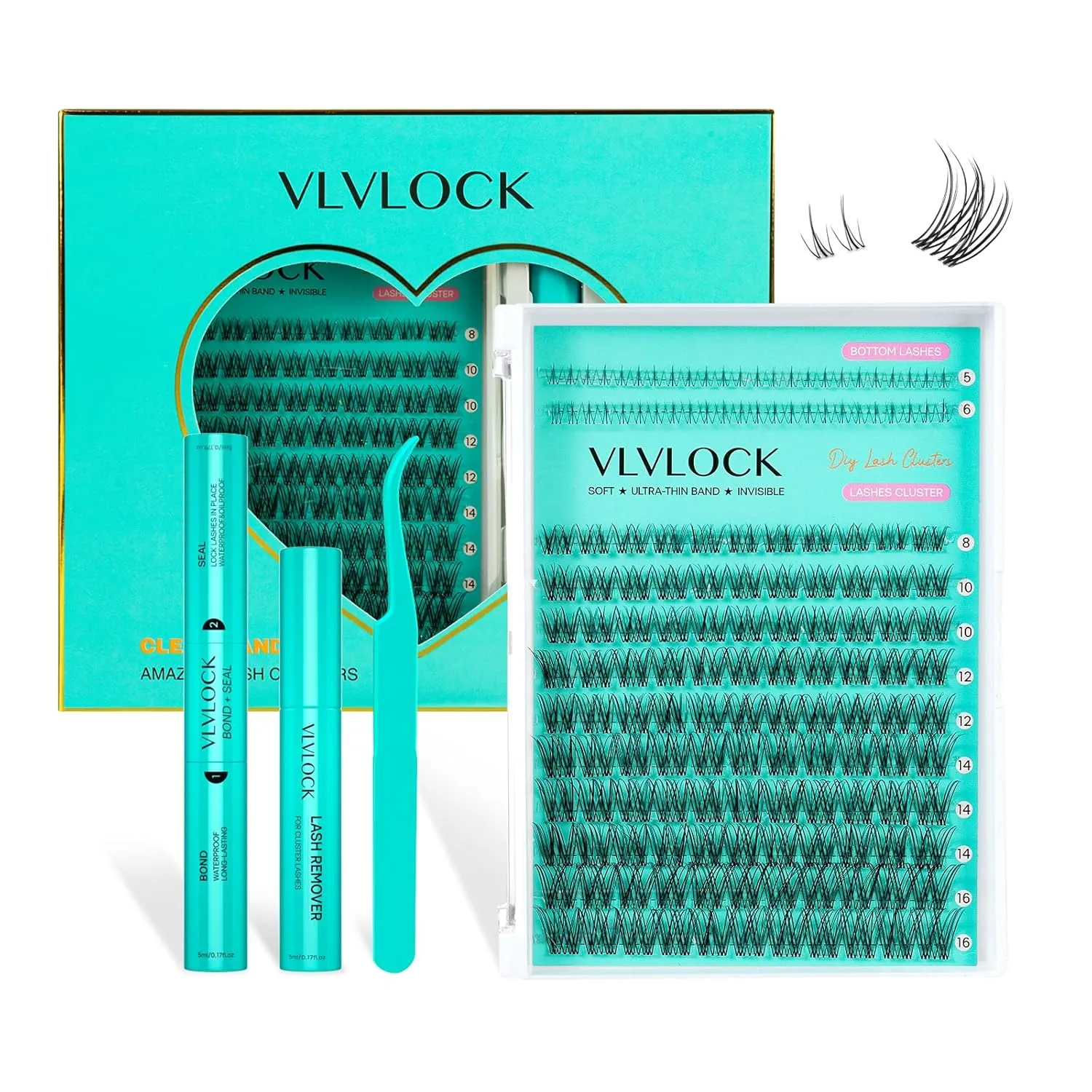 Lash Clusters Kit Clear Band Natural Cluster Lashes with Bottom Lash Clusters 5-16MM Individual Lashes Wispy False Lashes with Lash Bond and Seal,Lash Tweezer DIY at Home(Ivy Kit)