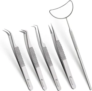 Lash Tweezers Eyelash Extensions Tweezers Set 5 PCS Individual and Volume Lash Extensions Eyelash Applicator Tool Precision Tweezers for Eyelash Extension Professional- Silver