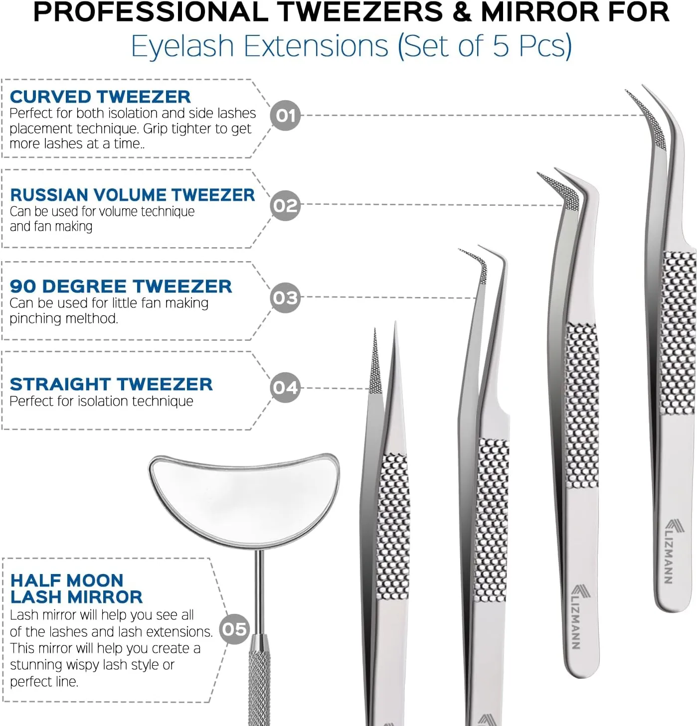 Lash Tweezers Eyelash Extensions Tweezers Set 5 PCS Individual and Volume Lash Extensions Eyelash Applicator Tool Precision Tweezers for Eyelash Extension Professional- Silver