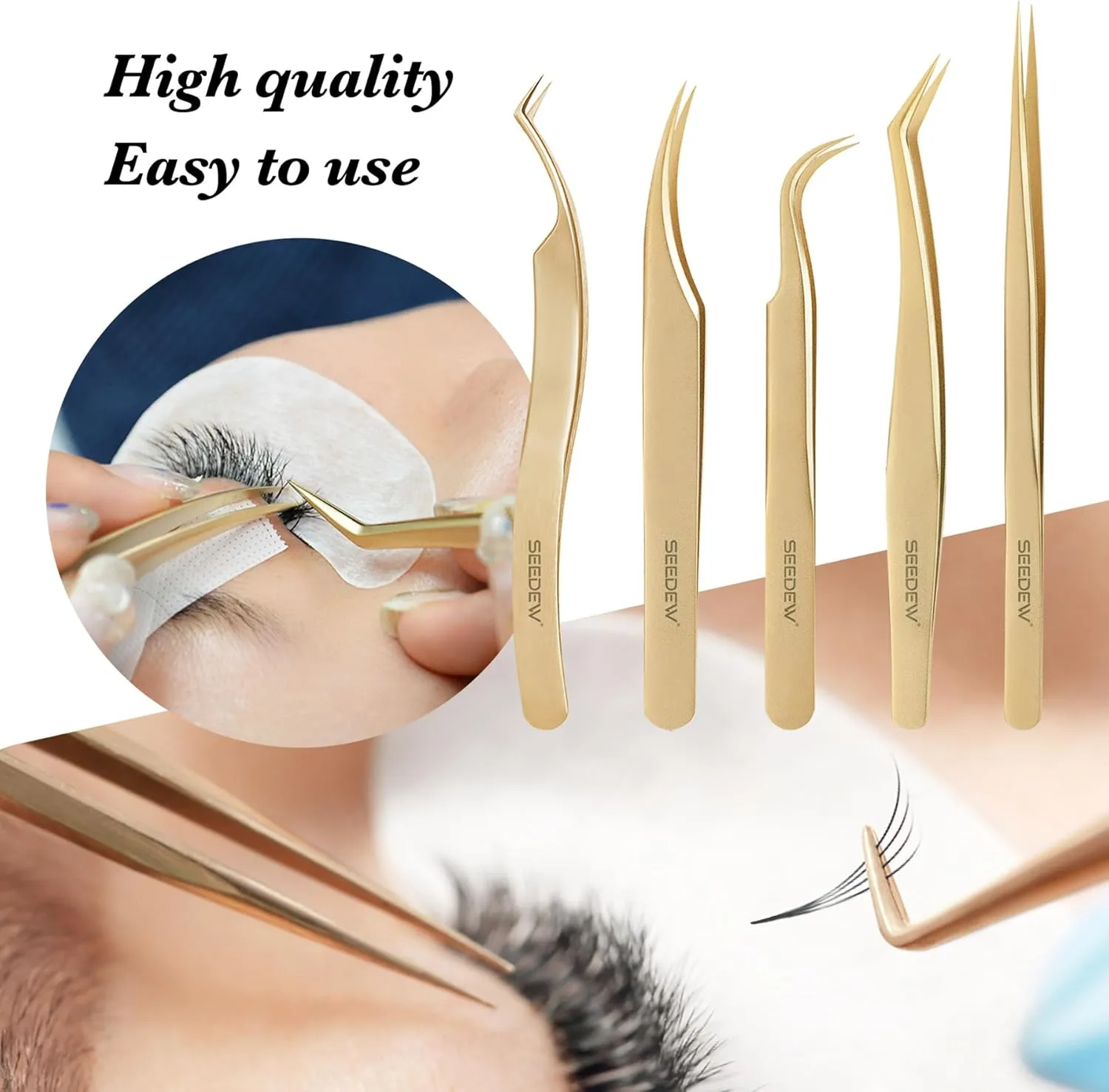 Lash Tweezers Set, 5 Stainless Steel Golden Tweezers   1 Storage Bag, Isolation Pointy Tweezers for Eyelash Extension Beginner Lash Tech Beauty Eyelash Nail Salon Perfect Precision Repair(Gray)
