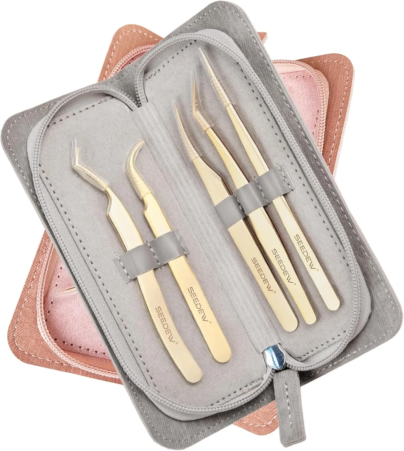 Lash Tweezers Set, 5 Stainless Steel Golden Tweezers   1 Storage Bag, Isolation Pointy Tweezers for Eyelash Extension Beginner Lash Tech Beauty Eyelash Nail Salon Perfect Precision Repair(Gray)