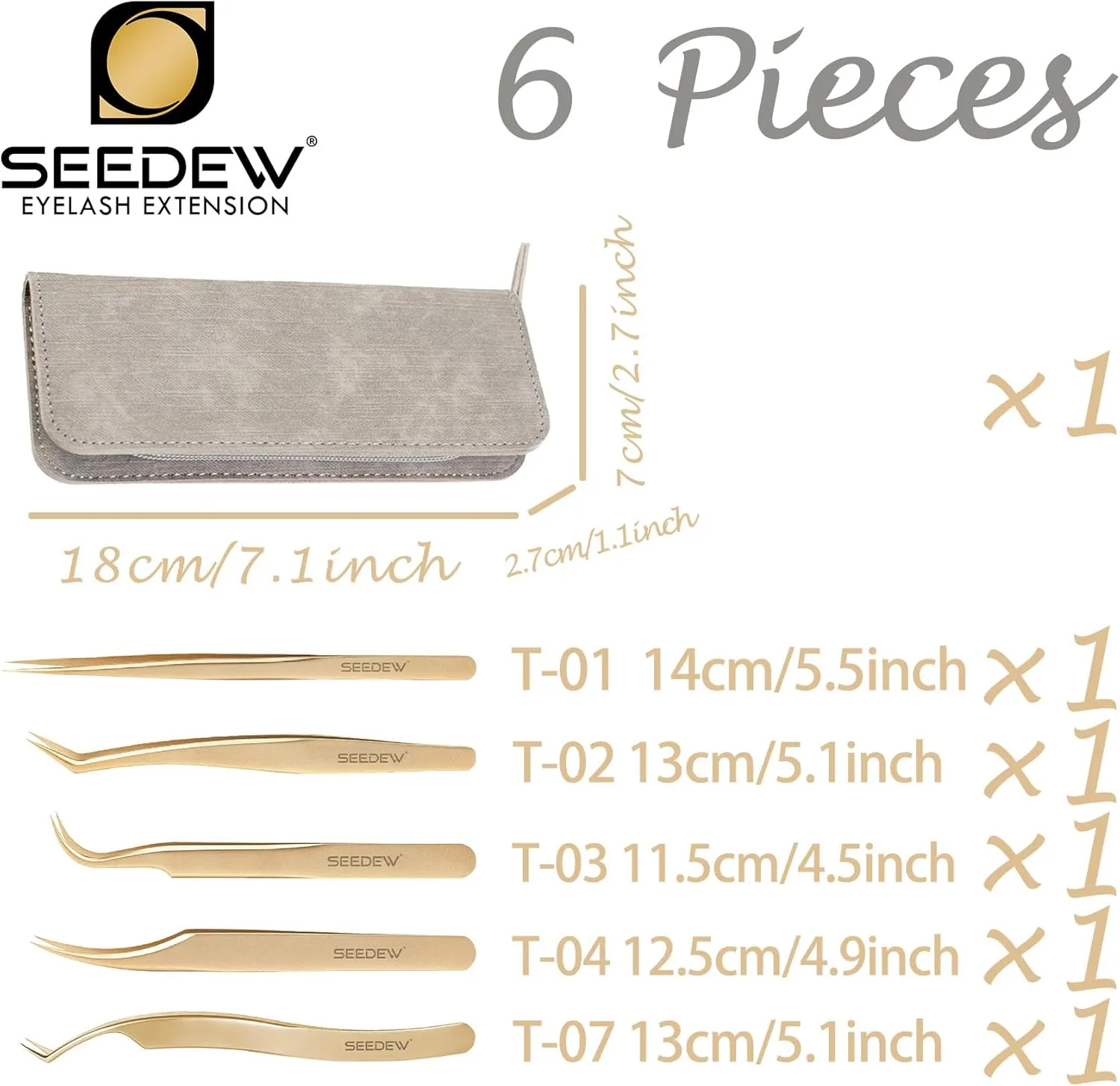 Lash Tweezers Set, 5 Stainless Steel Golden Tweezers   1 Storage Bag, Isolation Pointy Tweezers for Eyelash Extension Beginner Lash Tech Beauty Eyelash Nail Salon Perfect Precision Repair(Gray)