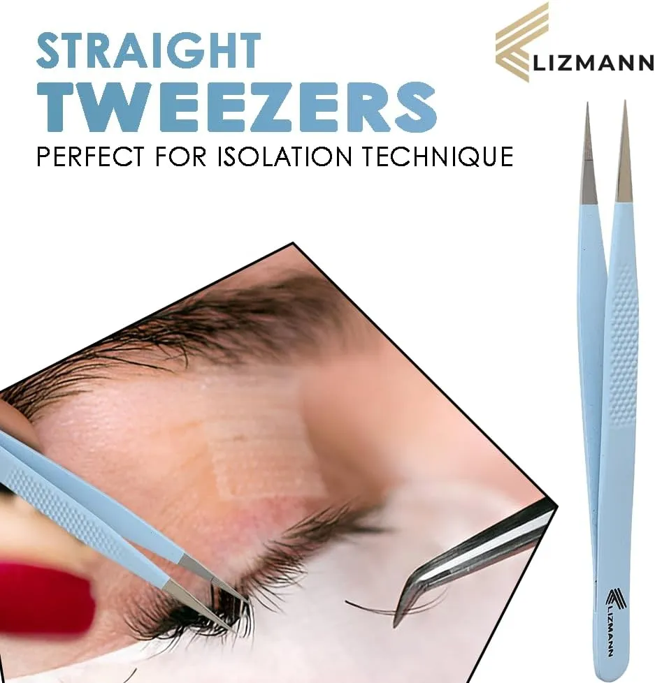 Lash Tweezers Set for Eyelash Extensions, Precision Fiber Tip Microgrip Tweezers Kit, Fine Point Lash Tools (Blue, 7 Pcs)