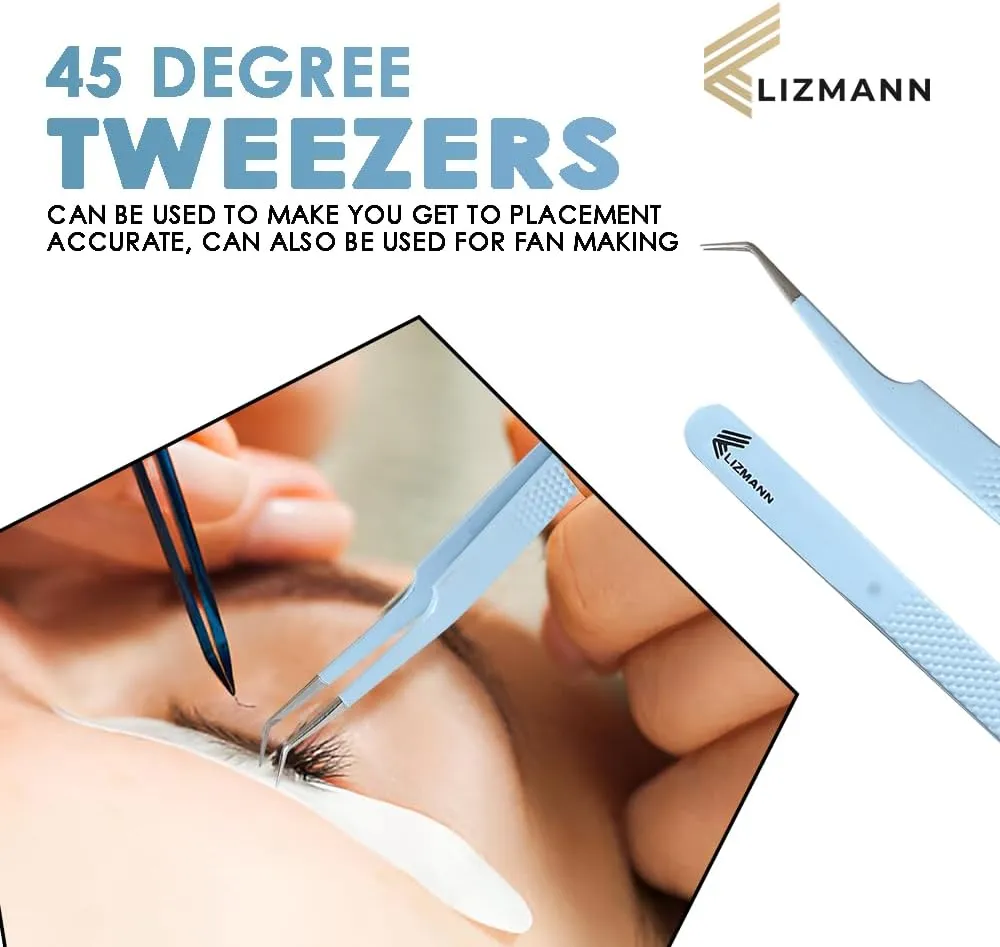 Lash Tweezers Set for Eyelash Extensions, Precision Fiber Tip Microgrip Tweezers Kit, Fine Point Lash Tools (Blue, 7 Pcs)