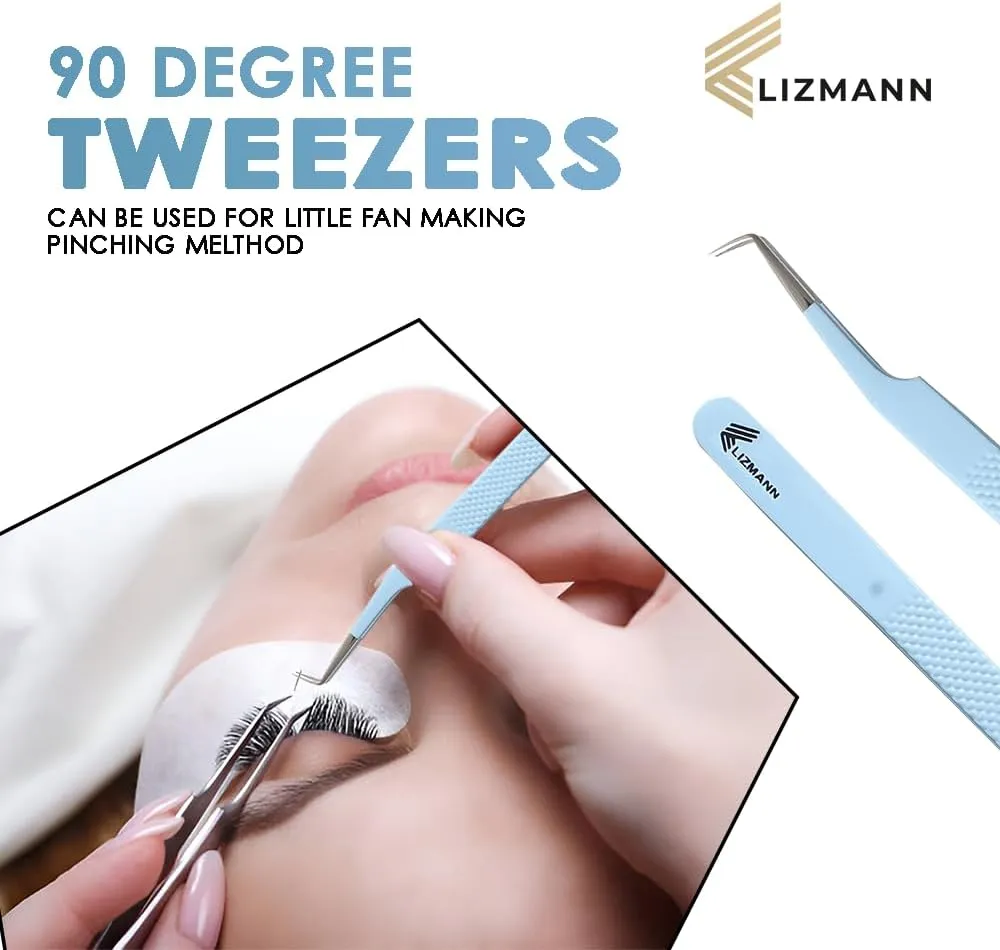 Lash Tweezers Set for Eyelash Extensions, Precision Fiber Tip Microgrip Tweezers Kit, Fine Point Lash Tools (Blue, 7 Pcs)