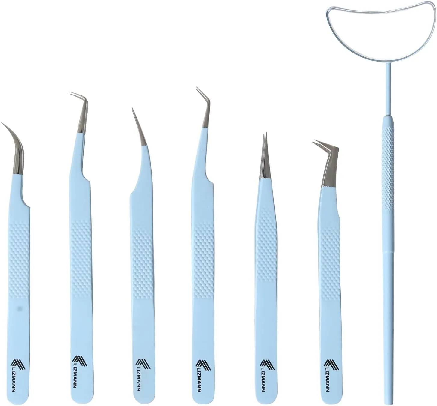 Lash Tweezers Set for Eyelash Extensions, Precision Fiber Tip Microgrip Tweezers Kit, Fine Point Lash Tools (Blue, 7 Pcs)