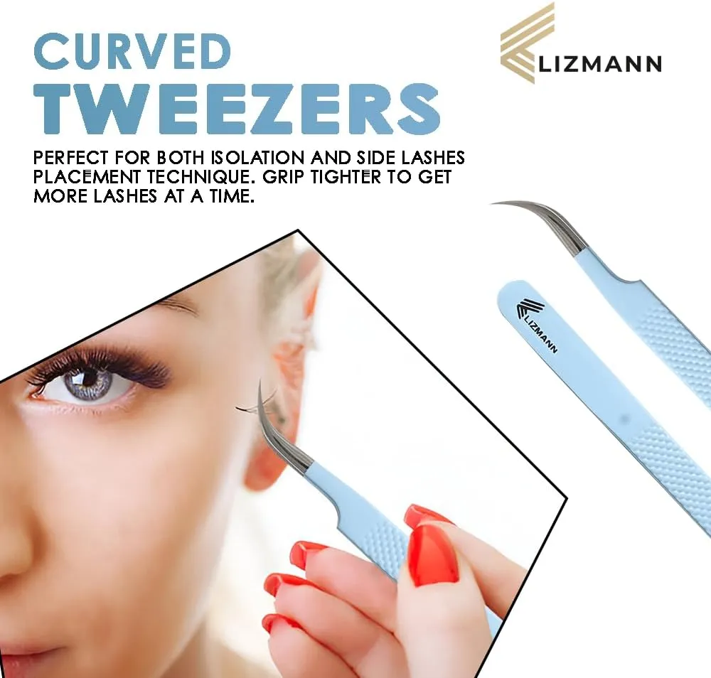 Lash Tweezers Set for Eyelash Extensions, Precision Fiber Tip Microgrip Tweezers Kit, Fine Point Lash Tools (Blue, 7 Pcs)