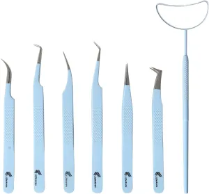 Lash Tweezers Set for Eyelash Extensions, Precision Fiber Tip Microgrip Tweezers Kit, Fine Point Lash Tools (Blue, 7 Pcs)
