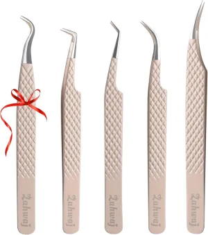 Lash Tweezers - Set of 5 Diamond Grip Eyelash Tweezers - Stainless Steel Professional Fiber Tip Lash Tweezer for Eyelash Extensions (Beige)