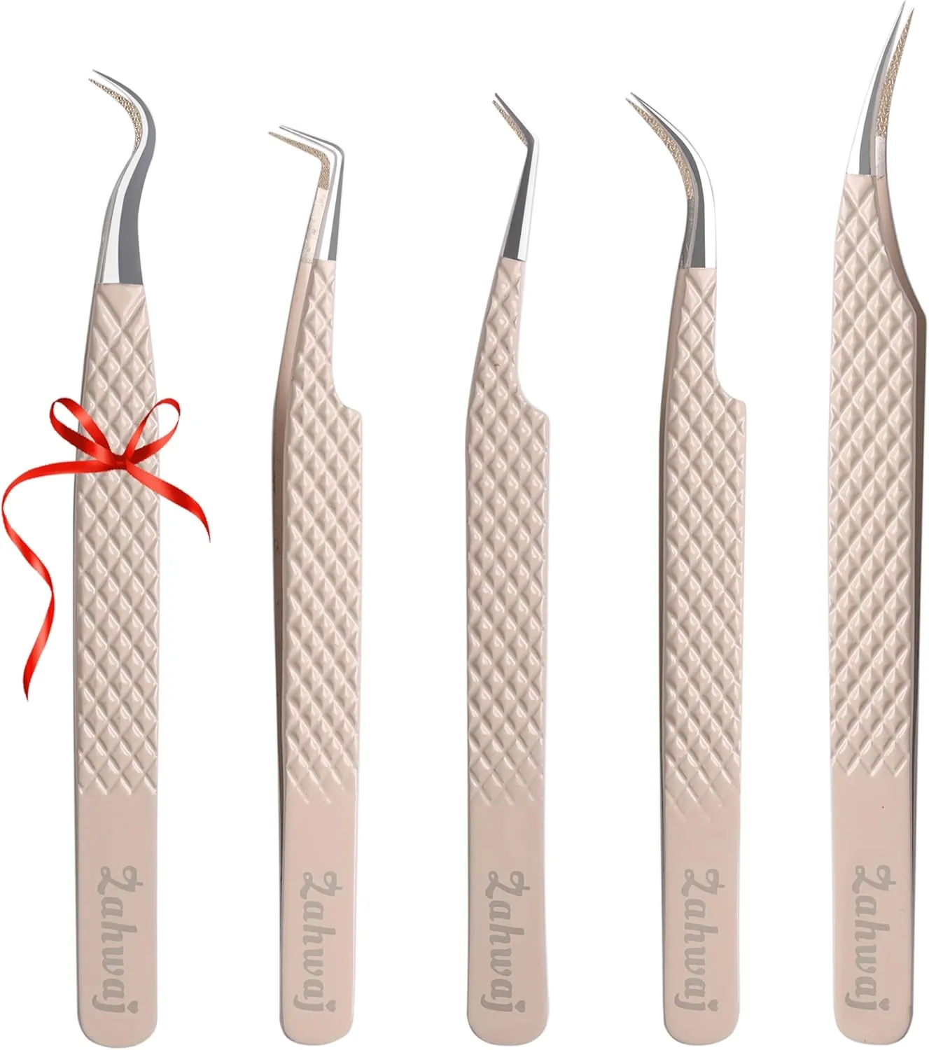 Lash Tweezers - Set of 5 Diamond Grip Eyelash Tweezers - Stainless Steel Professional Fiber Tip Lash Tweezer for Eyelash Extensions (Beige)