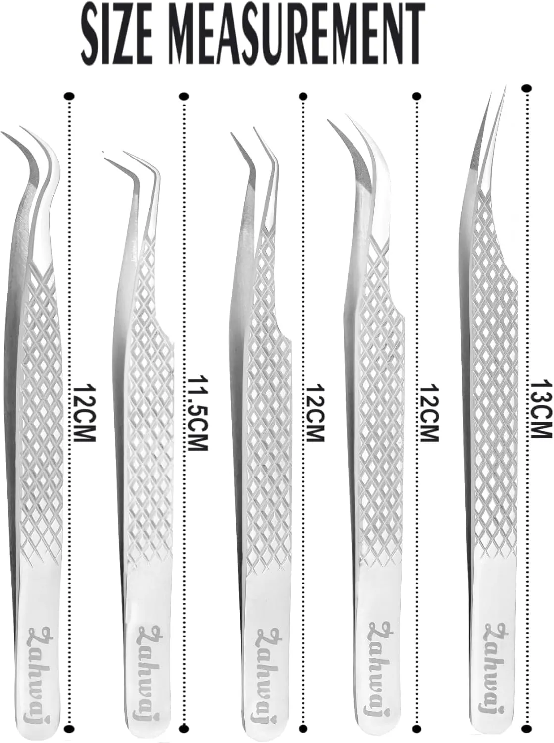 Lash Tweezers - Set of 5 Diamond Grip Eyelash Tweezers - Stainless Steel Professional Fiber Tip Lash Tweezer for Eyelash Extensions (Silver)