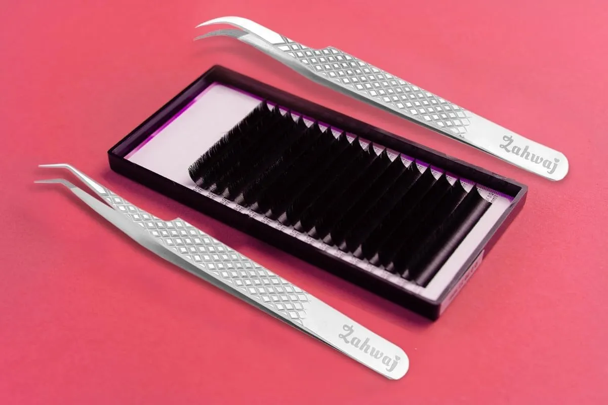 Lash Tweezers - Set of 5 Diamond Grip Eyelash Tweezers - Stainless Steel Professional Fiber Tip Lash Tweezer for Eyelash Extensions (Silver)