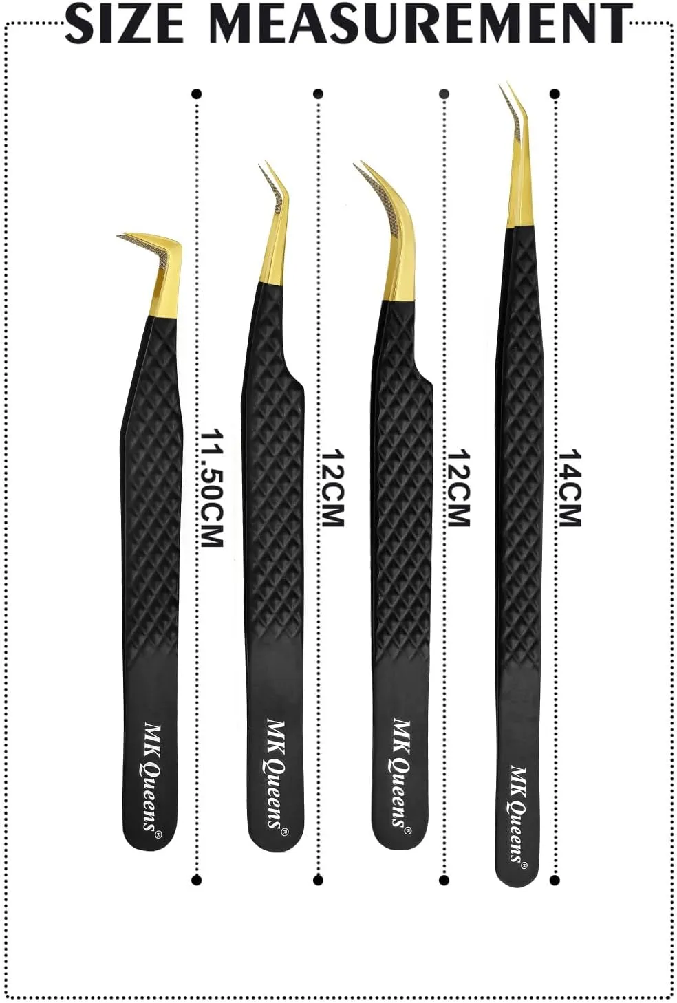 Lash Tweezers - Stainless Steel Fiber Tip Eyelash Tweezers (Set of 4) - Diamond Grip Professional Lash Tweezers for Eyelash Extensions (Black)