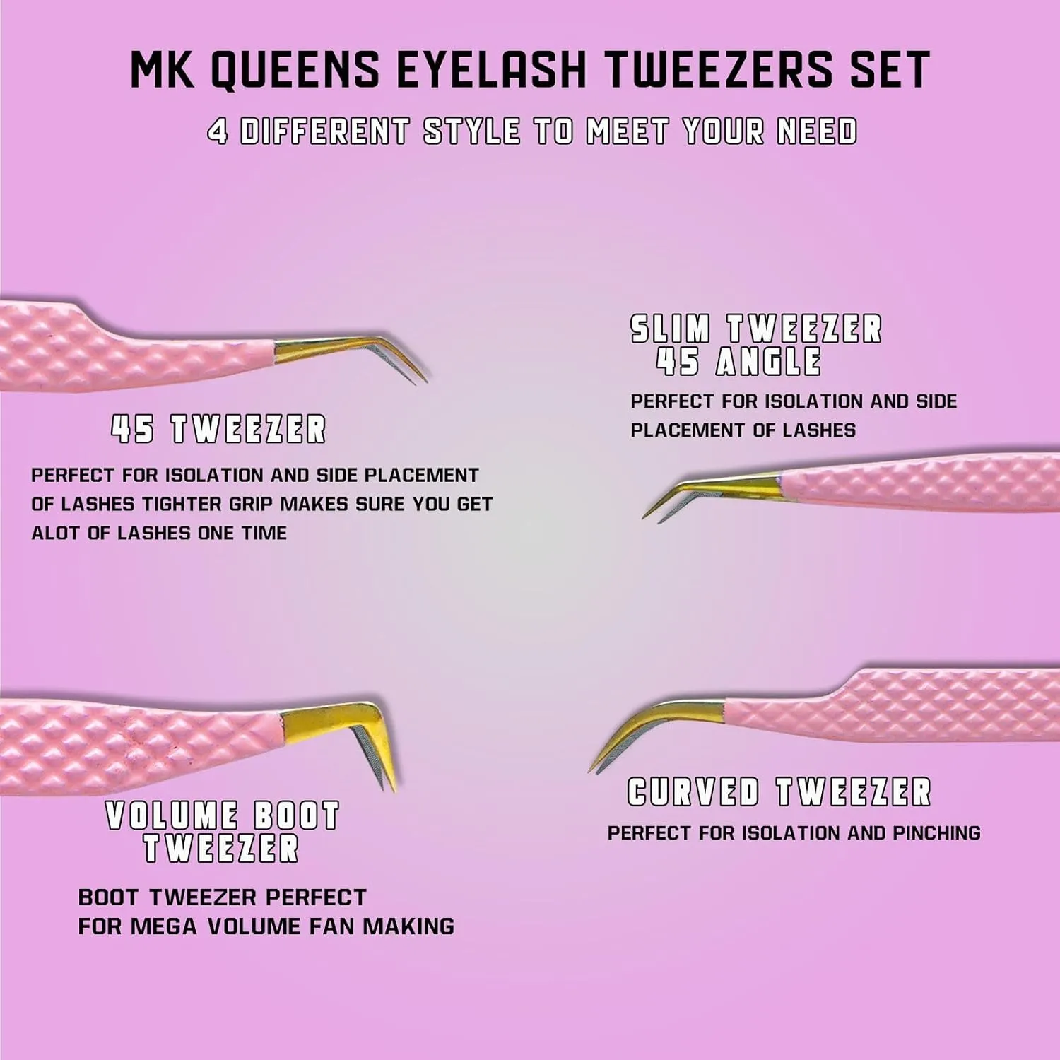 Lash Tweezers - Stainless Steel Fiber Tip Eyelash Tweezers (Set of 4) - Diamond Grip Professional Lash Tweezers for Eyelash Extensions (Pink)