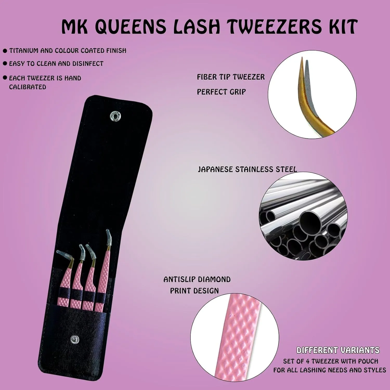 Lash Tweezers - Stainless Steel Fiber Tip Eyelash Tweezers (Set of 4) - Diamond Grip Professional Lash Tweezers for Eyelash Extensions (Pink)