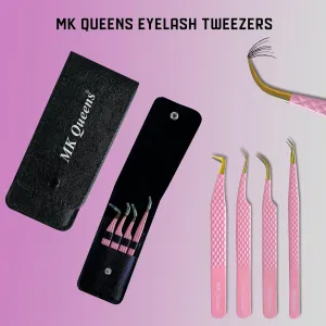 Lash Tweezers - Stainless Steel Fiber Tip Eyelash Tweezers (Set of 4) - Diamond Grip Professional Lash Tweezers for Eyelash Extensions (Pink)