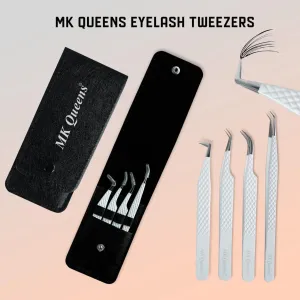 Lash Tweezers - Stainless Steel Fiber Tip Eyelash Tweezers (Set of 4) - Diamond Grip Professional Lash Tweezers for Eyelash Extensions (White)