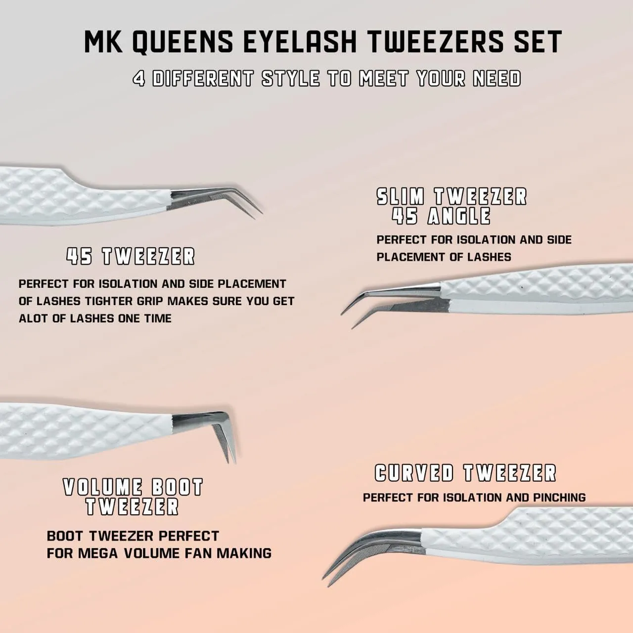 Lash Tweezers - Stainless Steel Fiber Tip Eyelash Tweezers (Set of 4) - Diamond Grip Professional Lash Tweezers for Eyelash Extensions (White)
