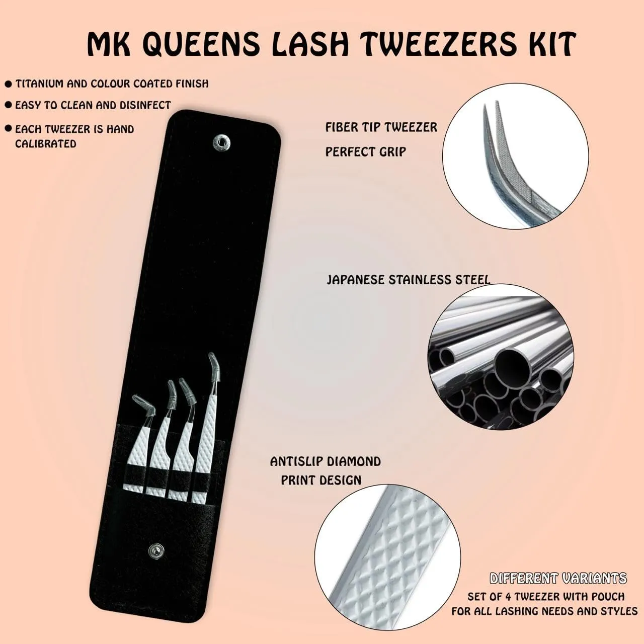 Lash Tweezers - Stainless Steel Fiber Tip Eyelash Tweezers (Set of 4) - Diamond Grip Professional Lash Tweezers for Eyelash Extensions (White)