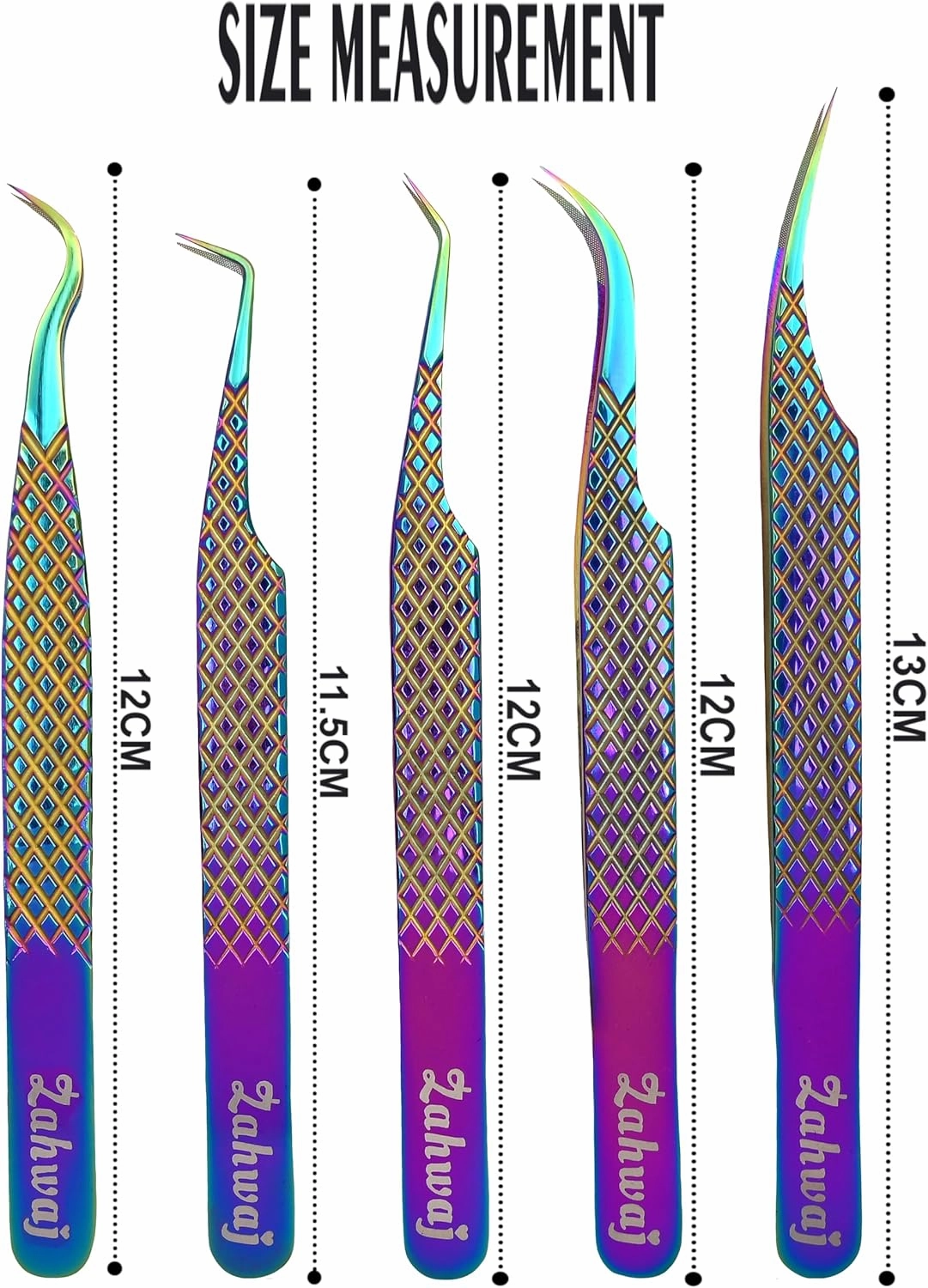 Lash Tweezers - Set of 5 Diamond Grip Eyelash Tweezers - Stainless Steel Professional Fiber Tip Lash Tweezer for Eyelash Extensions (Rainbow)