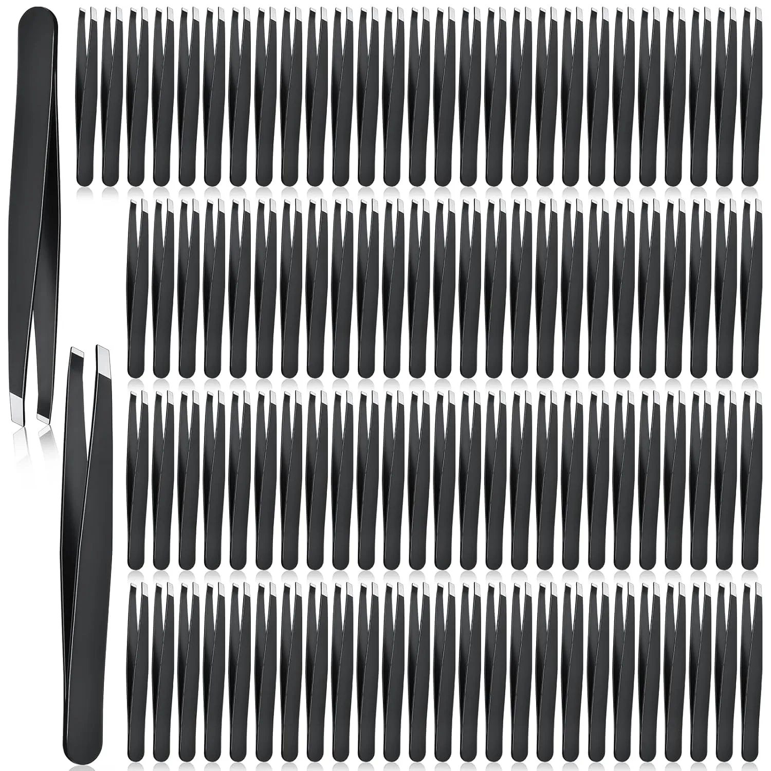 Lasnten 120 Pieces Stainless Steel Eyebrow Slanted Tweezers Black Slanted Tip Eyebrow Tweezers for Men and Women Removal Eyebrows,Ingrown Hair,Hand and Facial Hair,Lash Extension