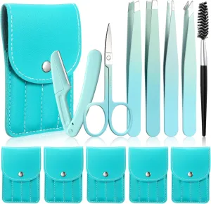 Lasnten 6 Sets Eyebrow Tweezers Set for Women Facial Hair Eyebrow grooming Kit with Travel Case with Curved Scissor and Trimmer Stainless Steel Tweezers Set Gift for Women