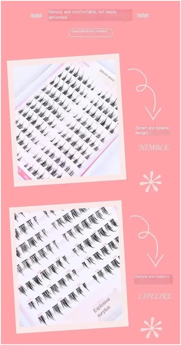 laubess cluster lashes 140Pcs Natural soft volume multi-layered single cluster false eyelashes with tool tweezer glue (9-12mm)