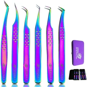 Leenax Professional Pack of 6 Rainbow Color Stainless- Steel Eyelash Extension Tweezers include Two Superior Grip Fiber tip Tweezers for False Lashes Extension 2D-6D Volume Tweezers. (R6)