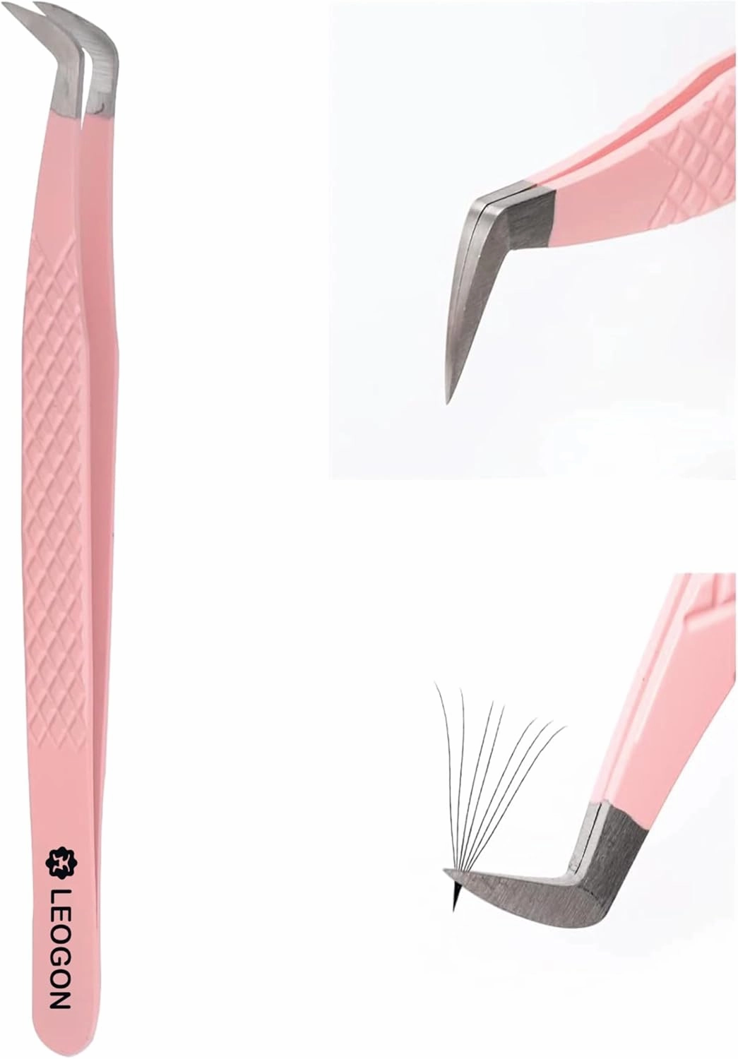 LEOGON 5-Piece Professional Eyelash Extension Tweezers Set | Precision Lash Applicator Tools for Women | Stainless Steel Lash Tweezers Kit (Pink)