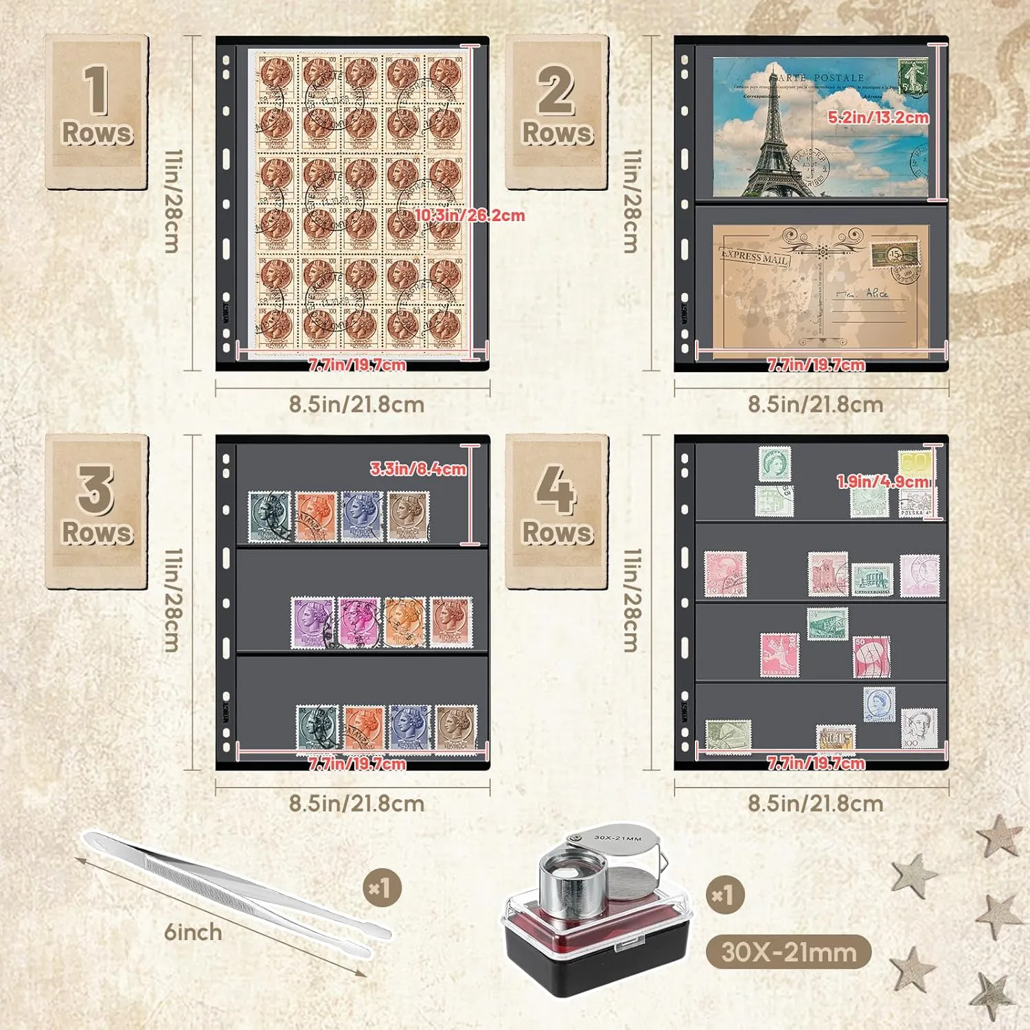 Lewtemi Stamp Collecting Albums Set Stamp Collection Book Include 20 Pages Album Binder Tweezer and Loop Magnifier Collecting Supplies for Collectors(Brown)