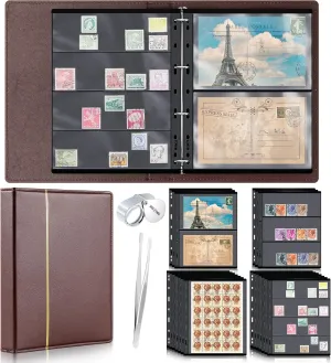 Lewtemi Stamp Collecting Albums Set Stamp Collection Book Include 20 Pages Album Binder Tweezer and Loop Magnifier Collecting Supplies for Collectors(Brown)