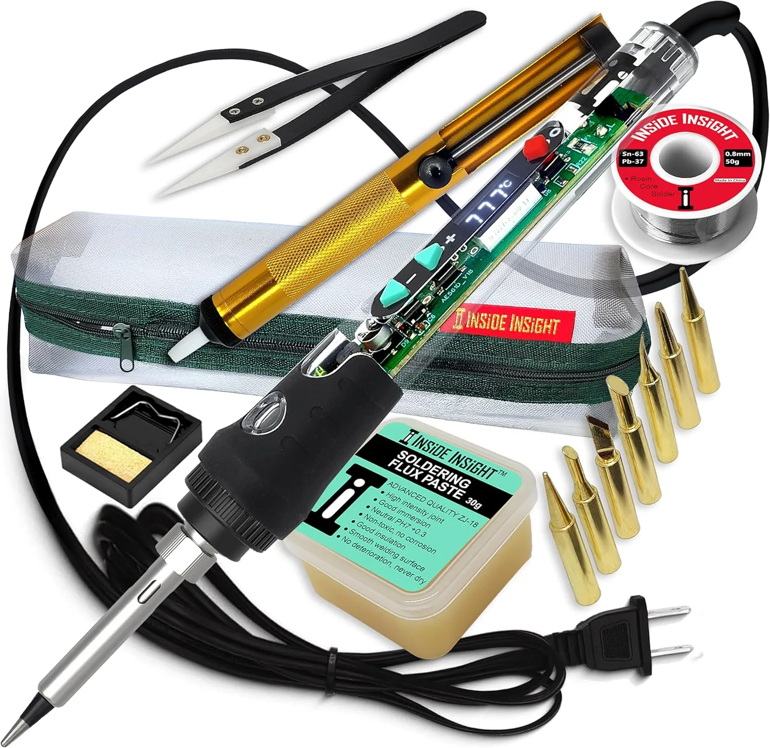 lnside lnsight Premium Clear Soldering Iron Kit & Wood Burning Kit Dual-Use, 392°F-932°F Rapid Heat, Portable, Auto Sleep Mode, Tips, Case, Stand, Solder-Pump, Ceramic Tweezer