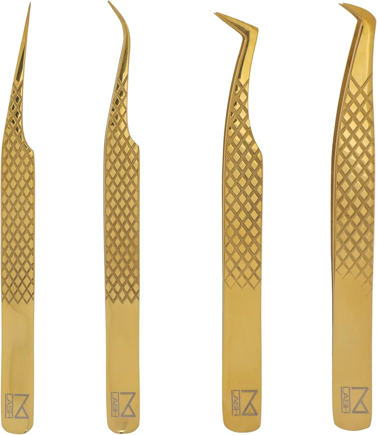 M LASH Eyelash Extension Tweezers (Set of 4) - Professional & Precision Lash Tweezers for Eyelash Extensions - Japanese Steel, Diamond Grip, Fiber Tip for Stunning Results (Gold)